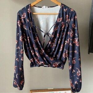 70’s Long Sleeve Wrap Crop Top Paisley Floral Print Medium Boho Bohemian Summer